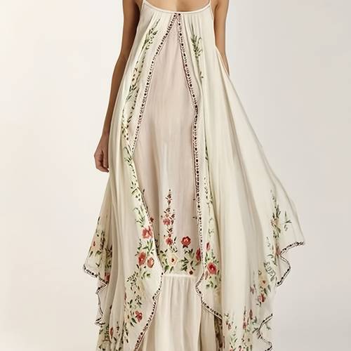 1pc womens floral print sleeveless maxi dress casual polyester spaghetti strap loose fit asymmetrical hem long dress machine washable versatile for office party picnic clothing lightweight fashion