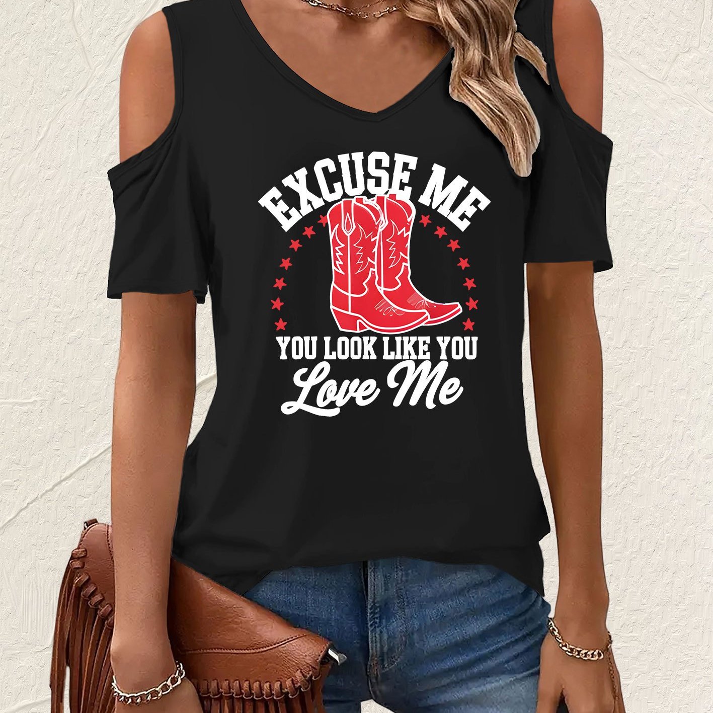 TEMU Graphic Print T-shirt, Short Sleeve V Neck Casual Top For Summer And Spring, Women's Clothing