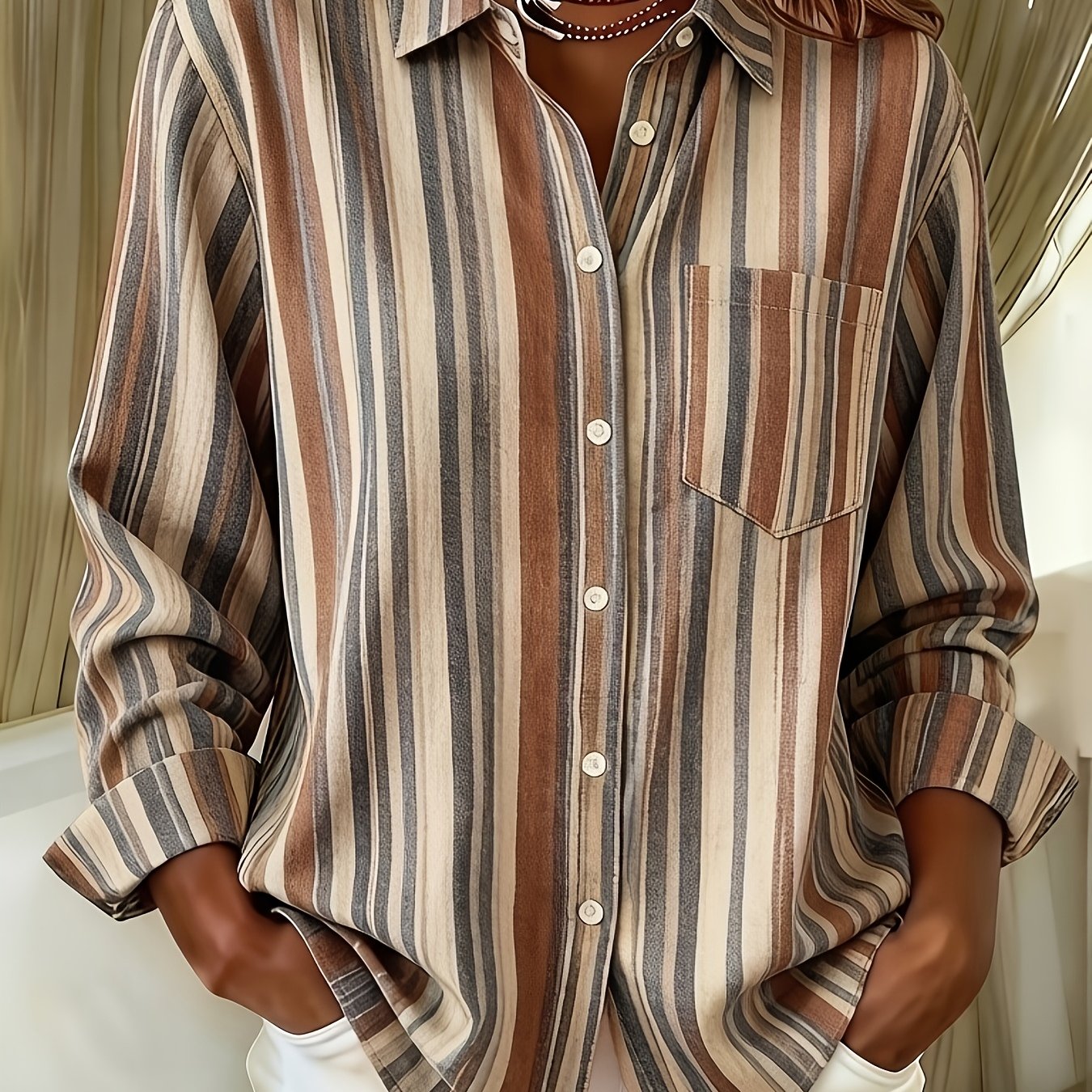 TEMU Plus Size, Elegant Lapel Striped Long Sleeve Women's Plus Size Open Front Versatile Shirt Office Single-breasted Top With Pockets