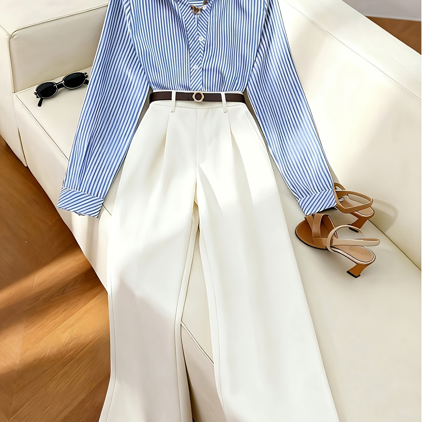 TEMU 2pcs Set Featuring A Minimalist Striped Shirt And High-waisted Wide-leg Pants. Made Of Breathable, Smooth Chiffon Fabric For A Flattering, .
