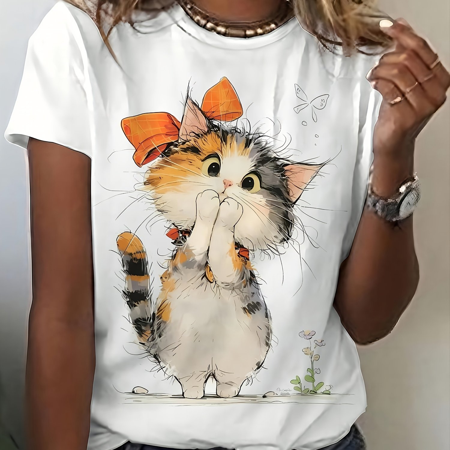 Image of Women's Elegant Cute Cat Print T-shirt - Casual Comfortable Round Neck Tee For Spring And Summer, Soft Fabric With Orange & White Kitten Design, Casual Wear | Design | , Cat Lover