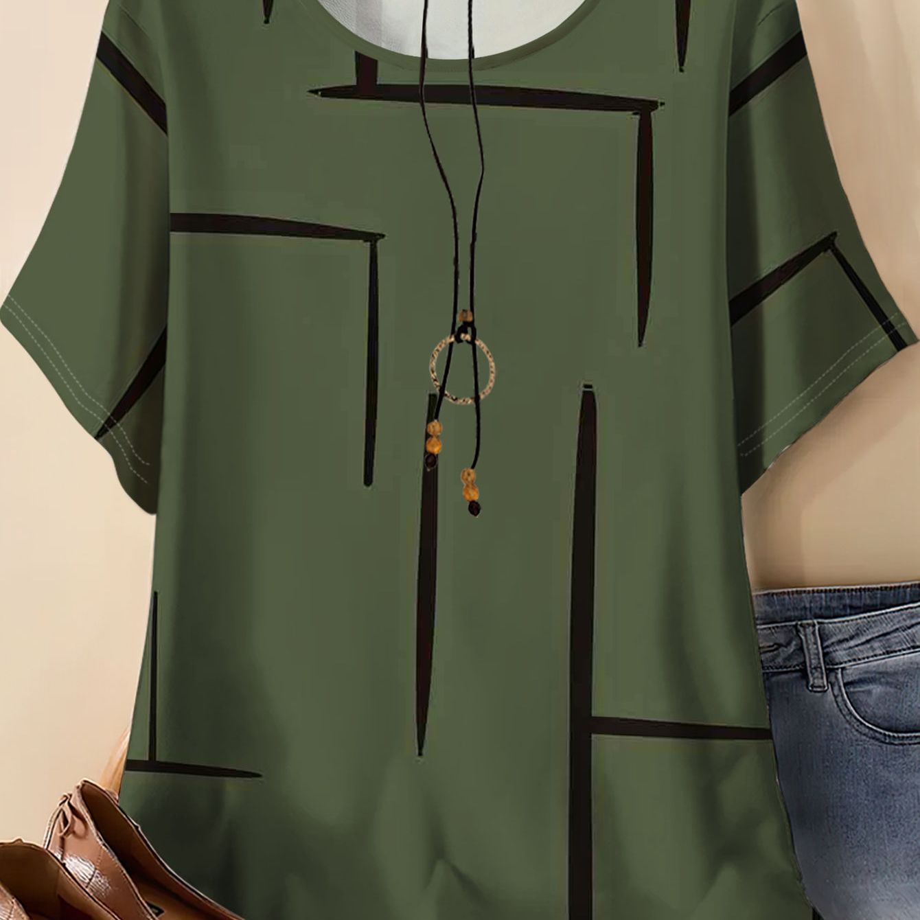 TEMU T-shirt ample à col rond pour femmes, grande taille, avec géométriques faciles, parfait pour un look décontracté d'été