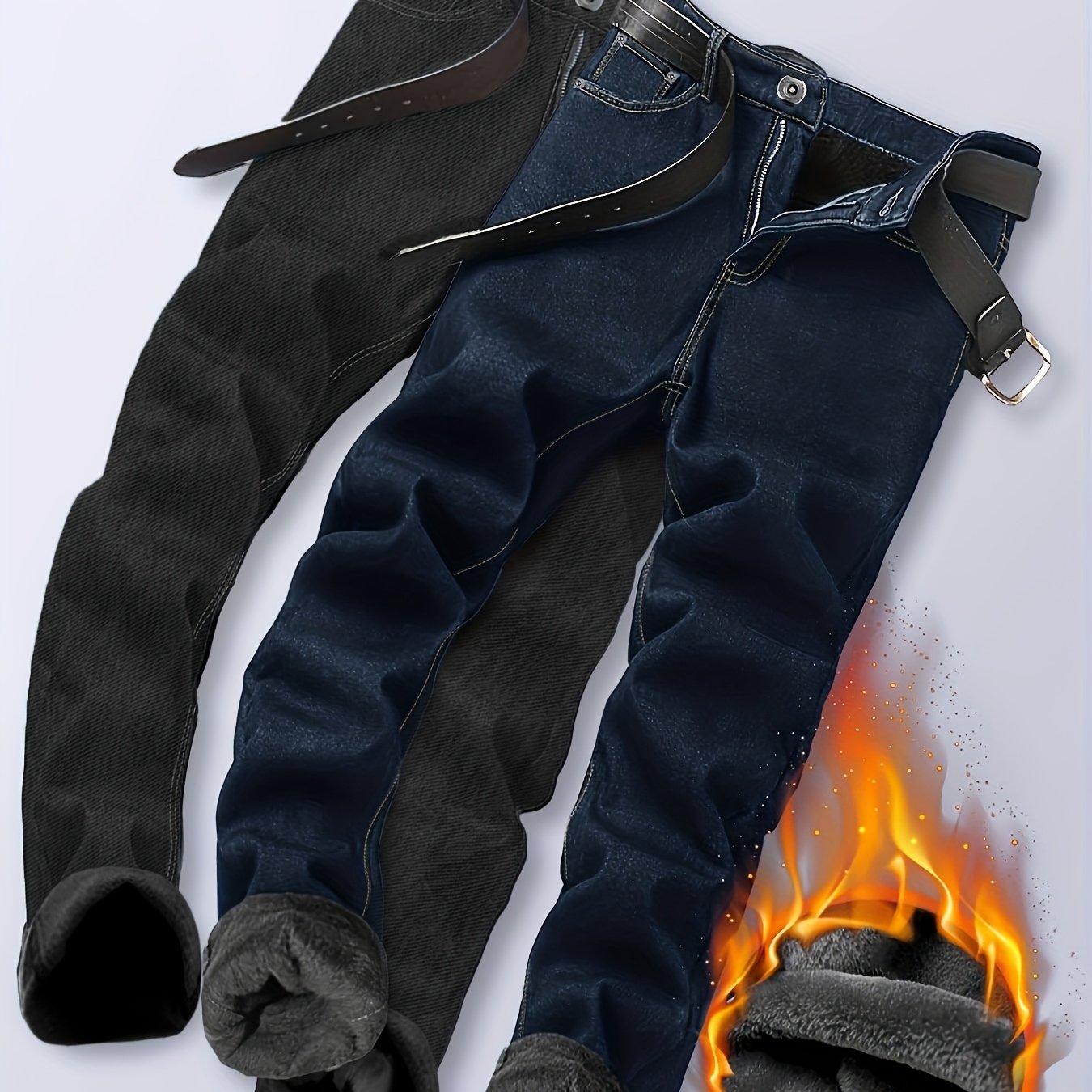 TEMU 2pcs Men's Slim Fit Lined Jeans - Business Casual Thermal Trousers For Winter