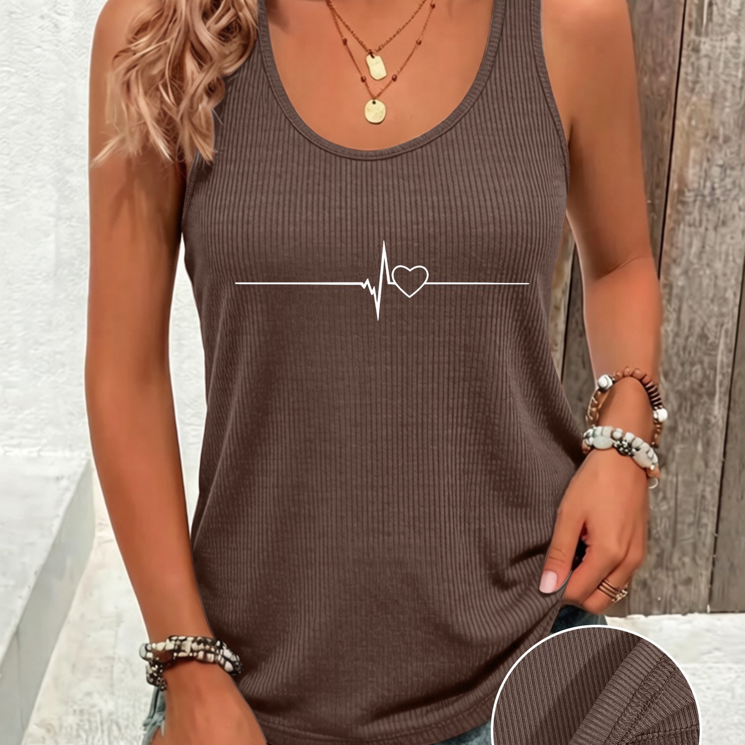 TEMU Women's Sleeveless Off-shoulder Ribbed Tank Top With Ecg Heart Print - Opaque Long Blouse Shirts, Machine Washable Suitable For Home, Vacation,