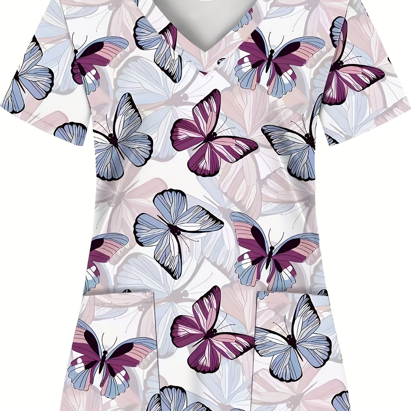 TEMU Plus Size - Plus Size - Full-body Printed Blue And Red Pattern Double-pocket Women's Nurse Uniform - Soft And Breathable, Practical Attire