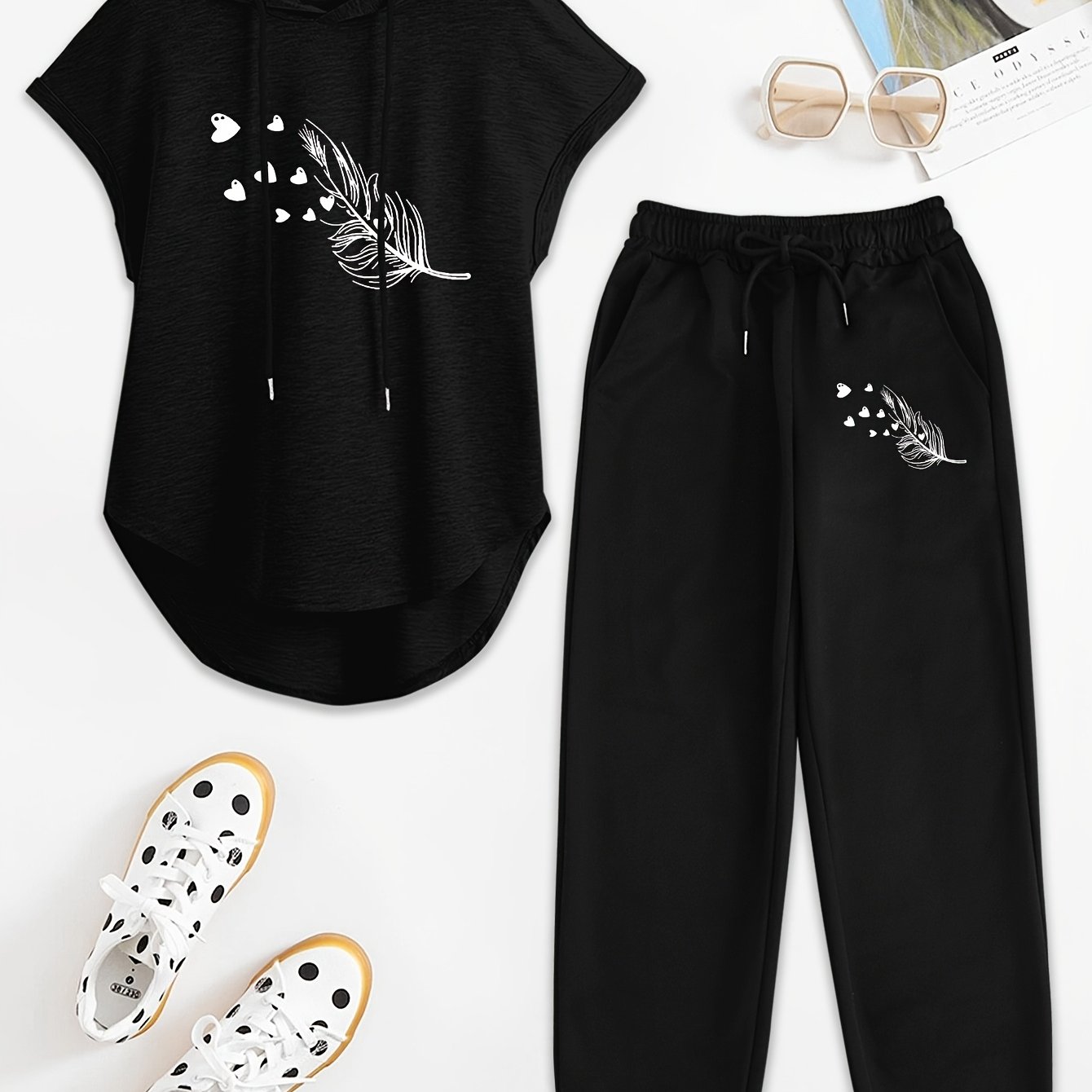 TEMU Ensemble d'été comprenant un haut à capuche manches avec cordon de serrage et imprimé de lettres, associé à un pantalon décontracté à taille