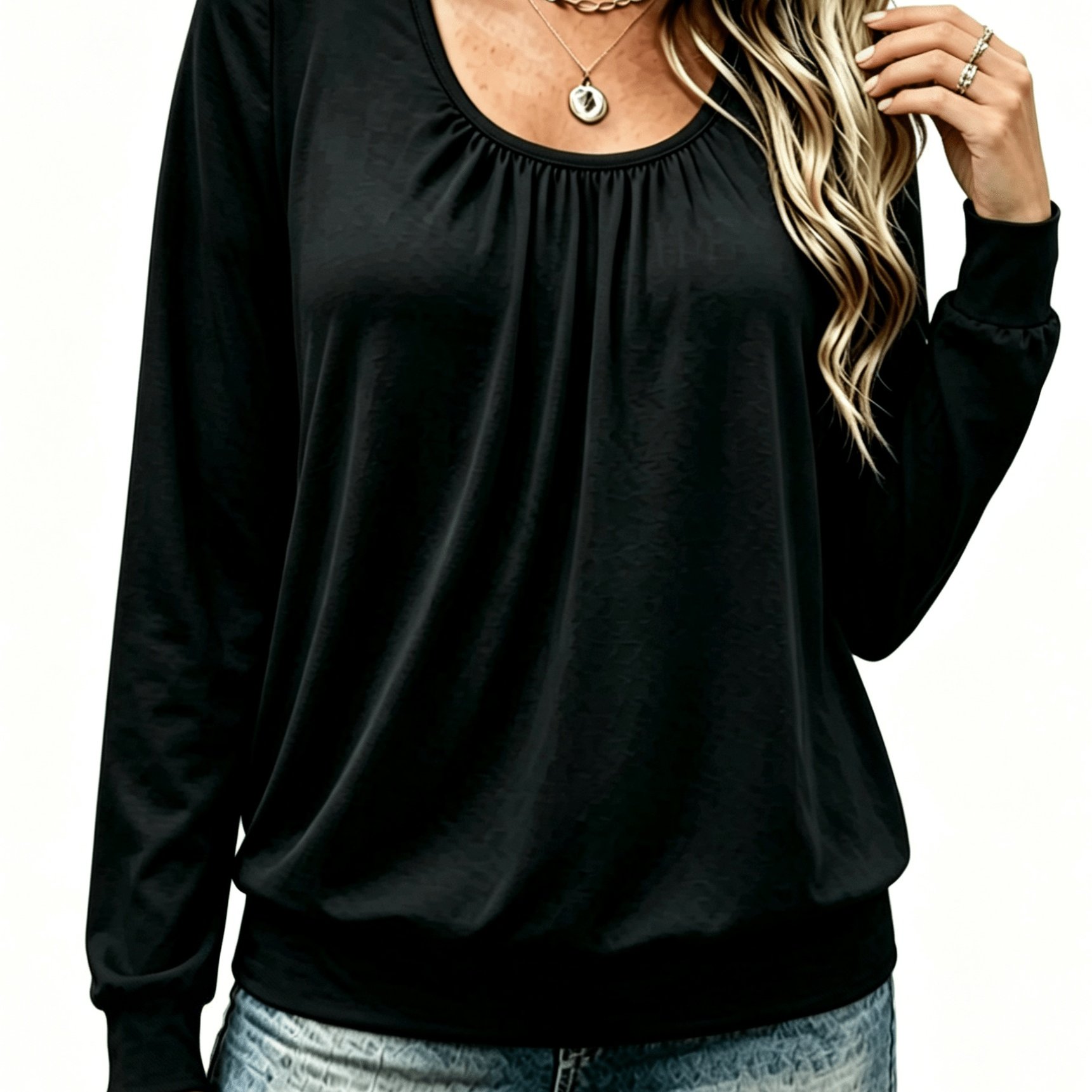TEMU T-shirt da donna ed elegante con plissettatura, e maniche lunghe, top casual e da indossare come base
