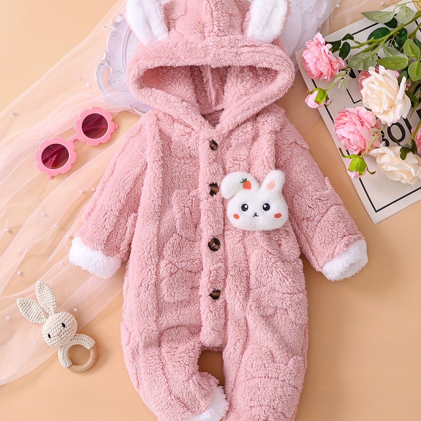 Girls' Fashionable Solid Bear Jacquard Rabbit Badge Hooded Ear-decorated Cute Plush Romper - Suitable For Outdoor Scene Outfit Onesie, Perfect For Outdoor