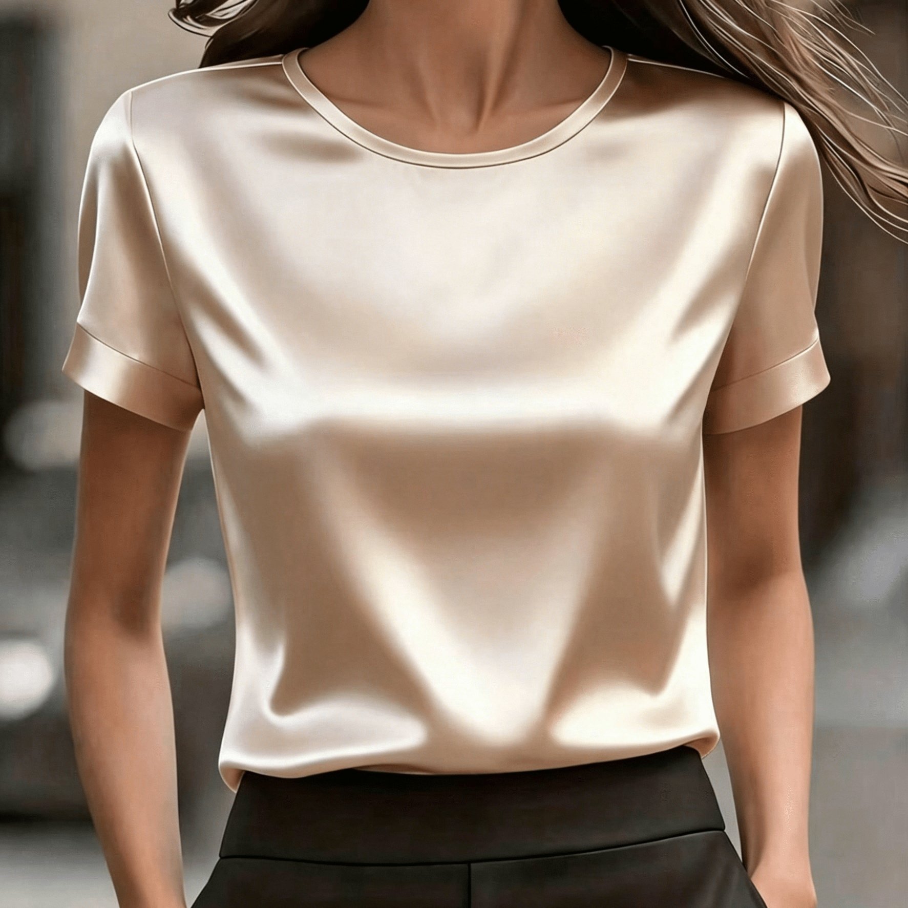 TEMU Women' Round Neck Short Sleeve T-shirt - Satin Texture, Ideal For Mother's Day & Day , Suitable For Office & Casual Looks, Outfit