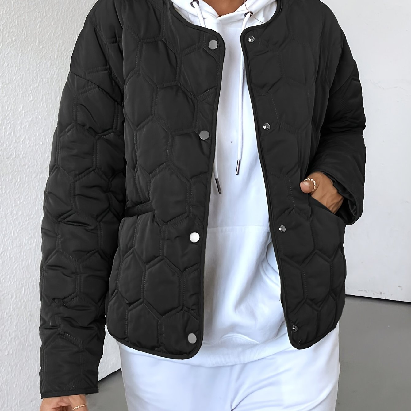 TEMU 幾何学模様 長袖 クルーネック ジャケット ポケット付き