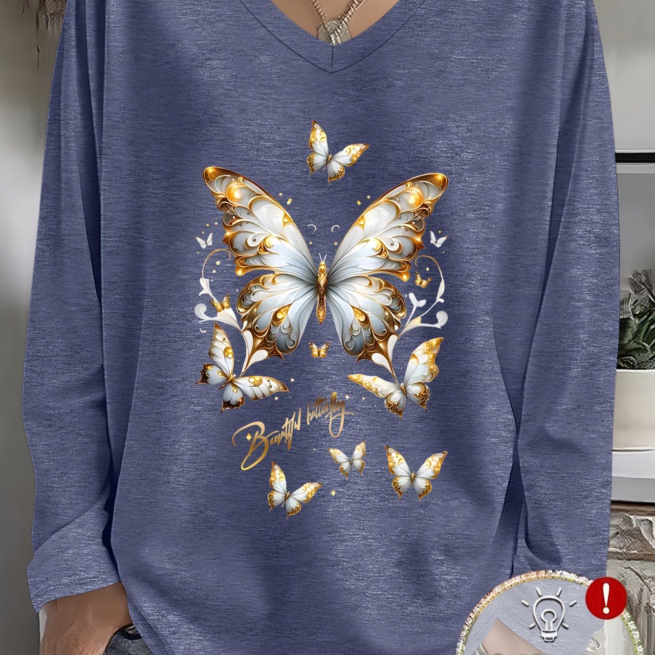 TEMU Plus Size, /summer Size Women's Casual V-neck Long Sleeve T-shirt With Flying Print, Rayon/spandex Blend - Soft, , Machine Washable, Loose ,