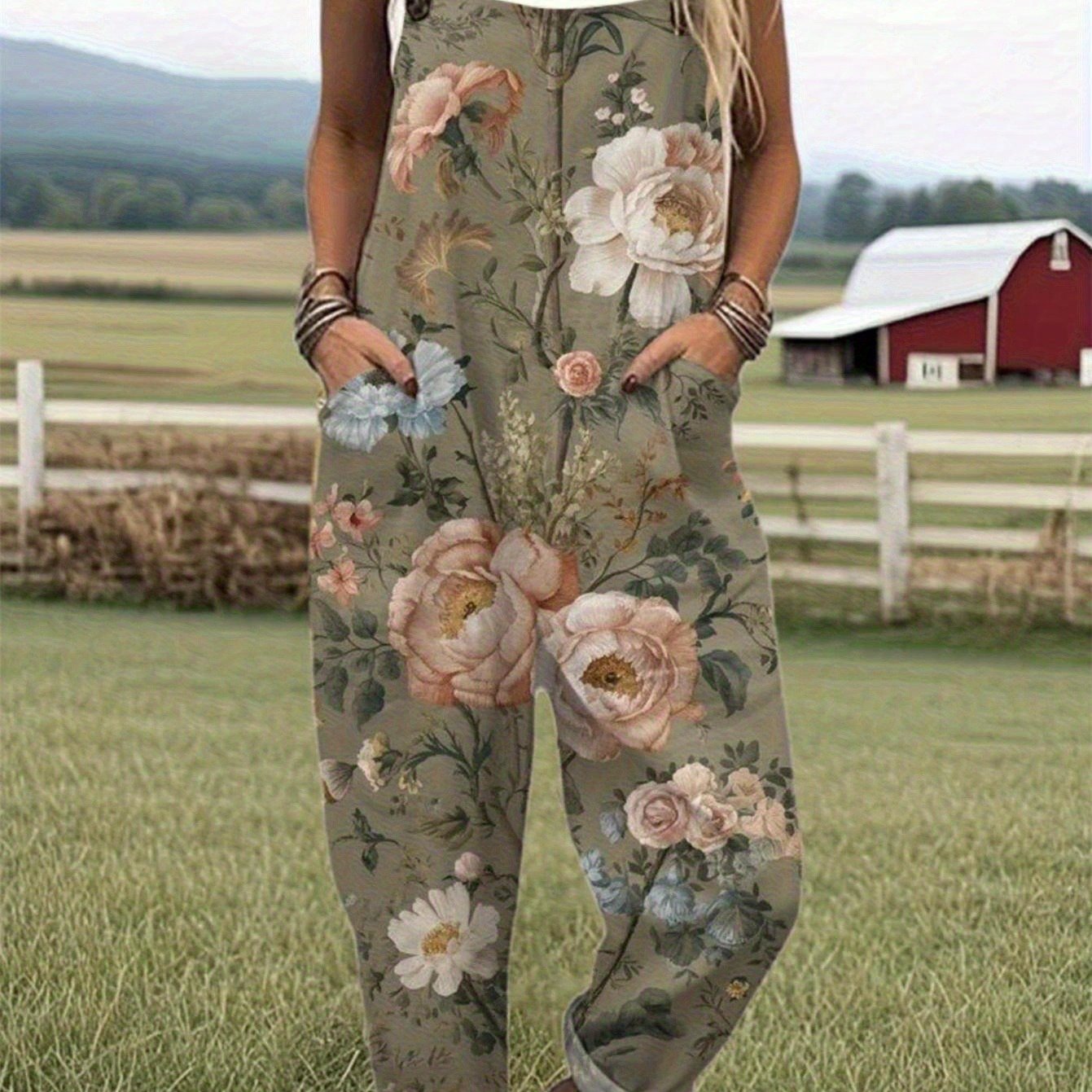 Plus Size, Plus Size Women's Casual Printed Overalls, Fashionable Women's Overalls, New Summer Models, Polyester Fabric, Comfortable And Breathable, Splicing Pattern, Machine Washable