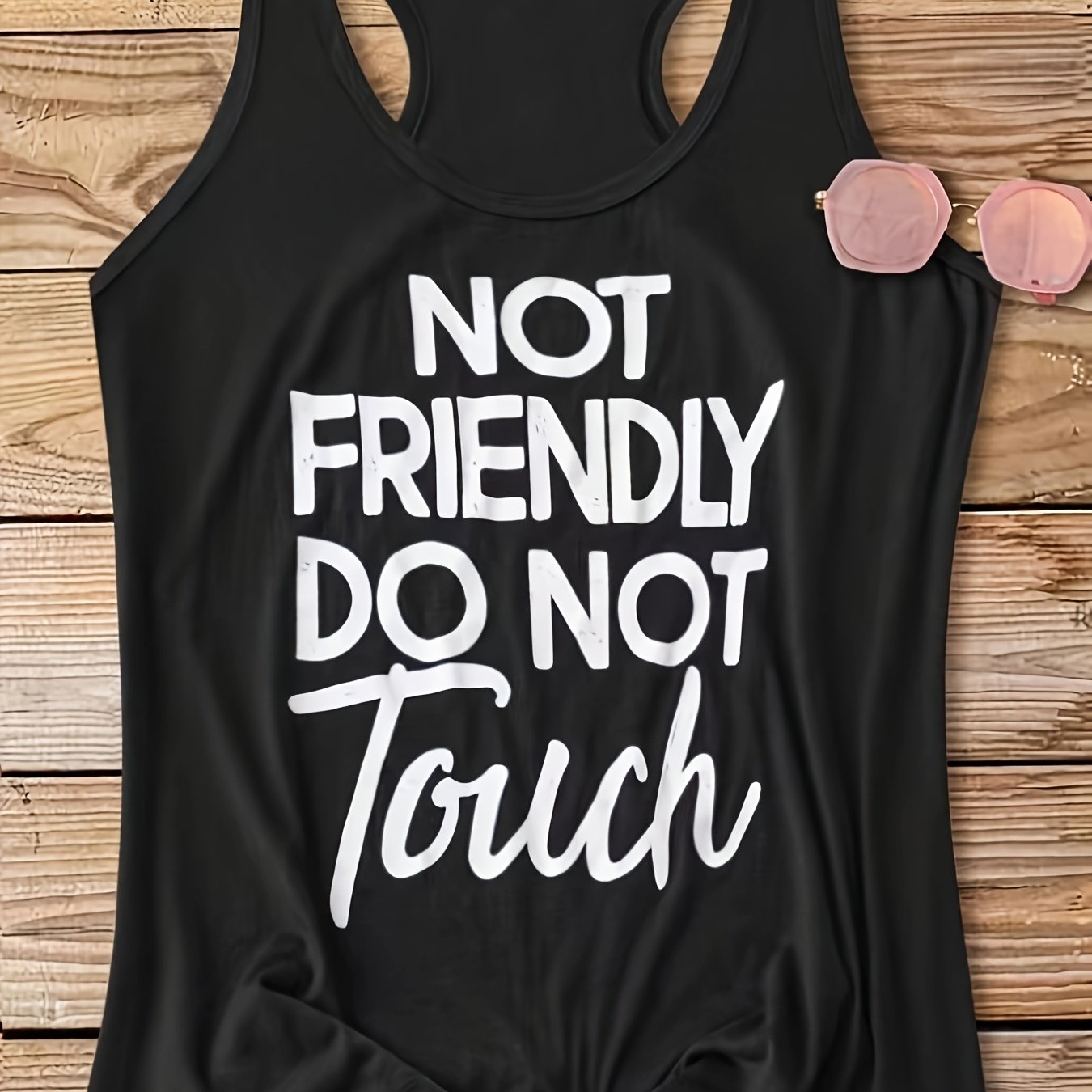 TEMU Women's Casual Letter Slim Fit Round Neck Tank Top, Suitable For Summer Wear