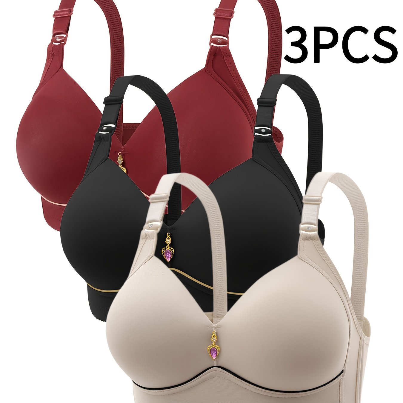 TEMU Set Of 3 Solid Color Bras With Adjustable Straps, Thin And Comfortable Women's Underwear, Soft And Breathable To Reduce Side Bulge, Featuring A