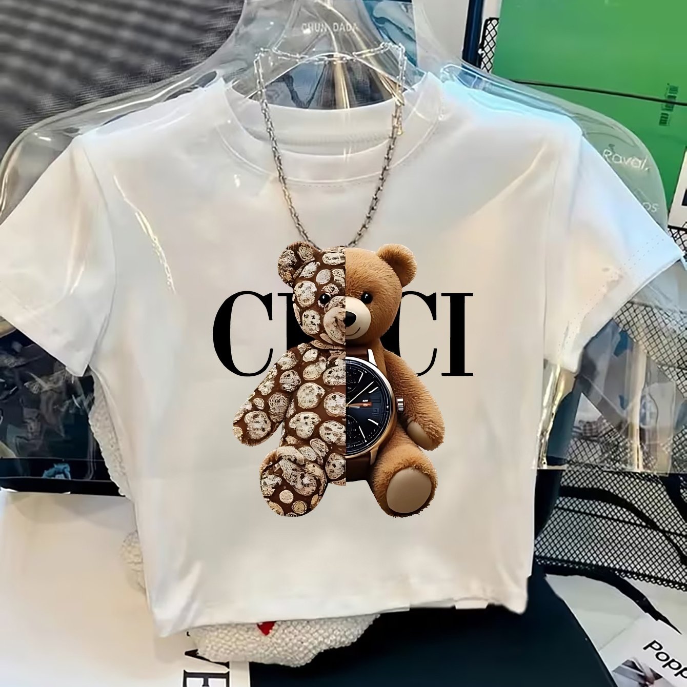 TEMU 2026 New Style Button Outfit - 1pc Women's Cute Teddy Bear And Clock Print Short T-shirt, Summer Fashion Versatile Trendy Item, The Gift