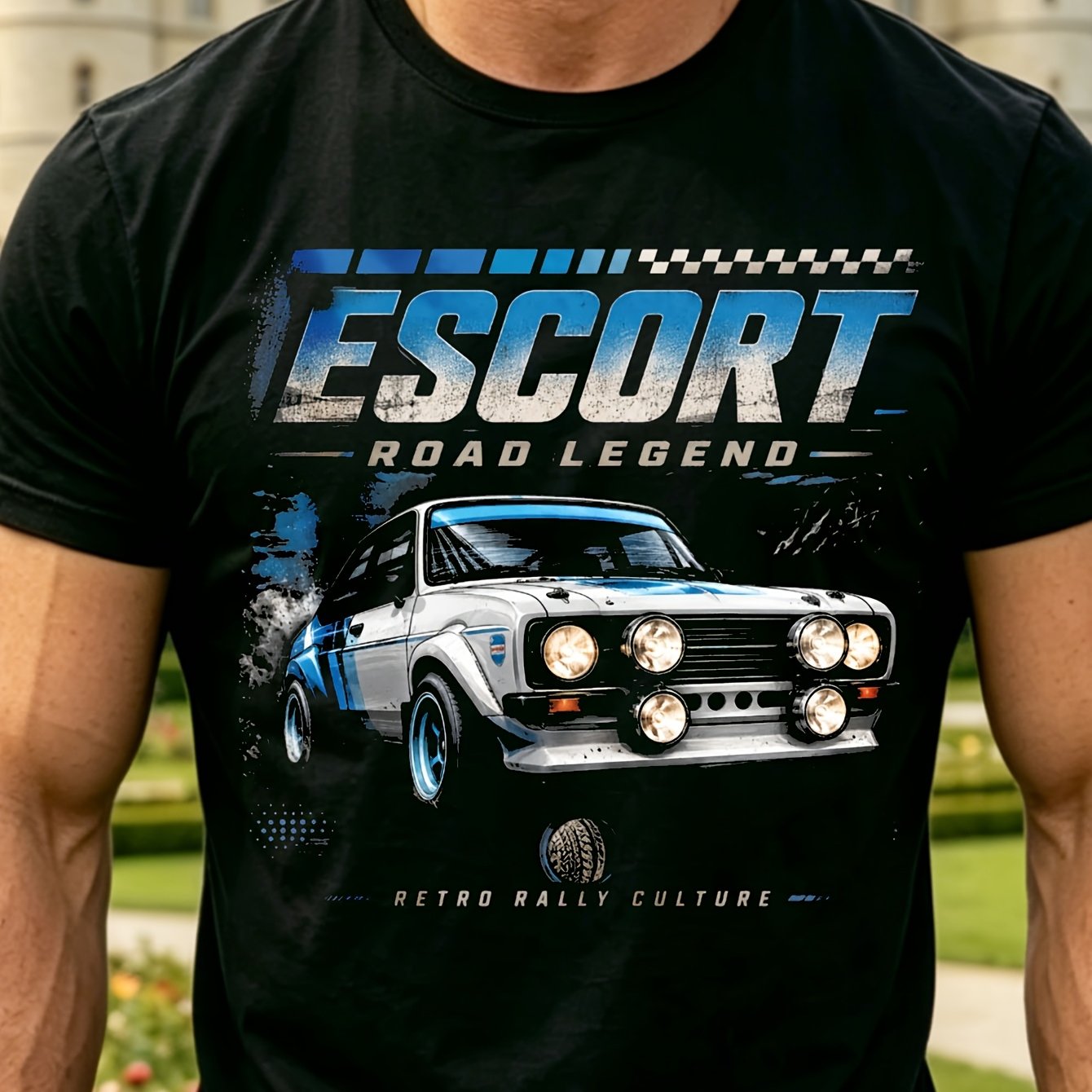 Image of Escort Retro Rally T-shirt- Tee With Classic Escort Car Print Checkered Racing Relaxed Fit Suitable For Rally Fans Themed Events Casual Wear Outdoor Leisure Breathable