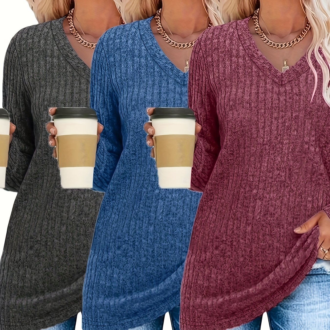 3pcs Women's Casual Elegant Sweater V-neck Top, Fall Winter Long Sleeve Loose Elegant V-neck
