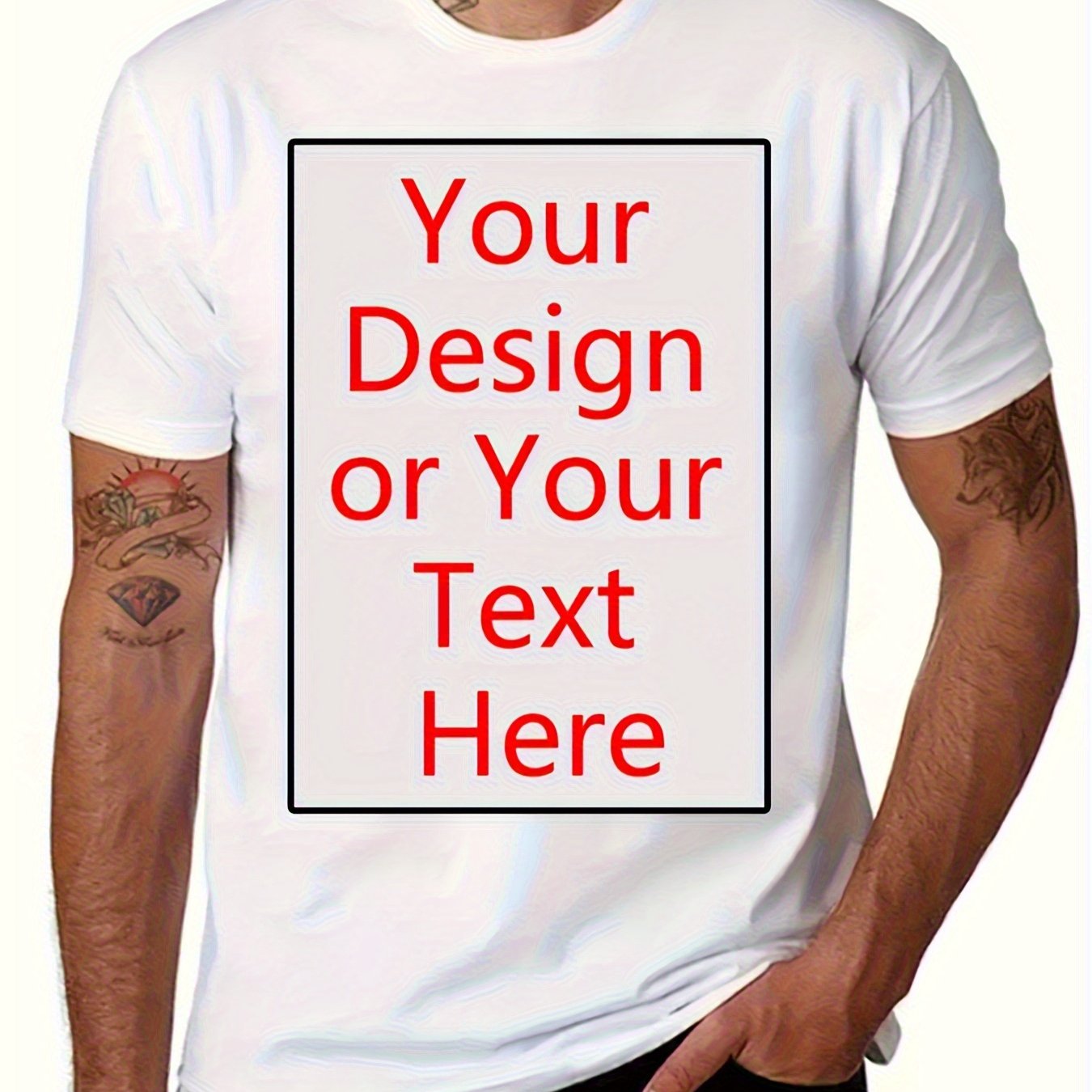 TEMU Men's Custom T-shirt - Personalized Text/photo/logo Printing - White Tee With Red Customization Area - Machine Washable Round Neck Shirt -