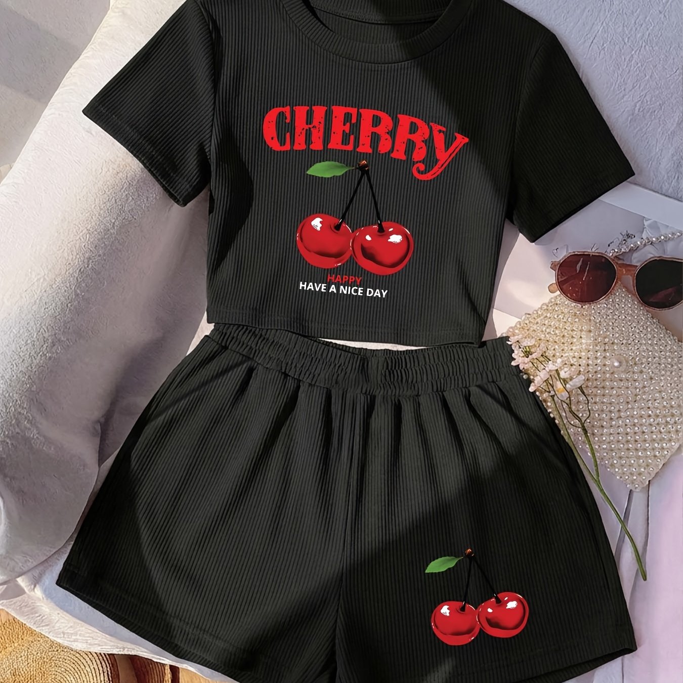 TEMU Women's Short Sleeve + Shorts Set, Cherry Print Summer 2pcs Set For Women, Ribbed Fabric, Comfortable And Breathable, Y2k Style, Suitable For ,
