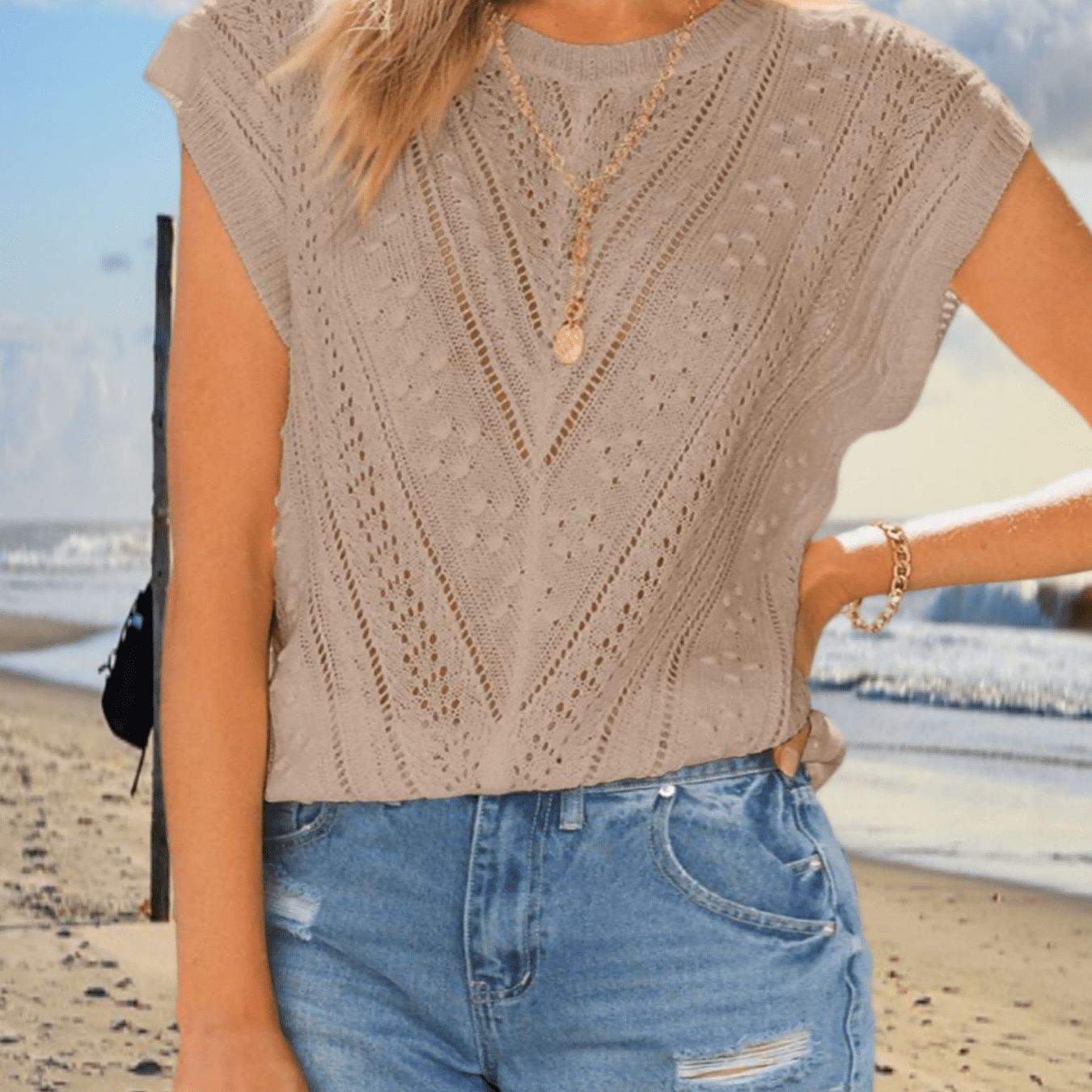 Women' Summer Cap Sleeve Tops Summer Vest Crew Neck Shirt Lightweight Crochet Sweater Solid Color