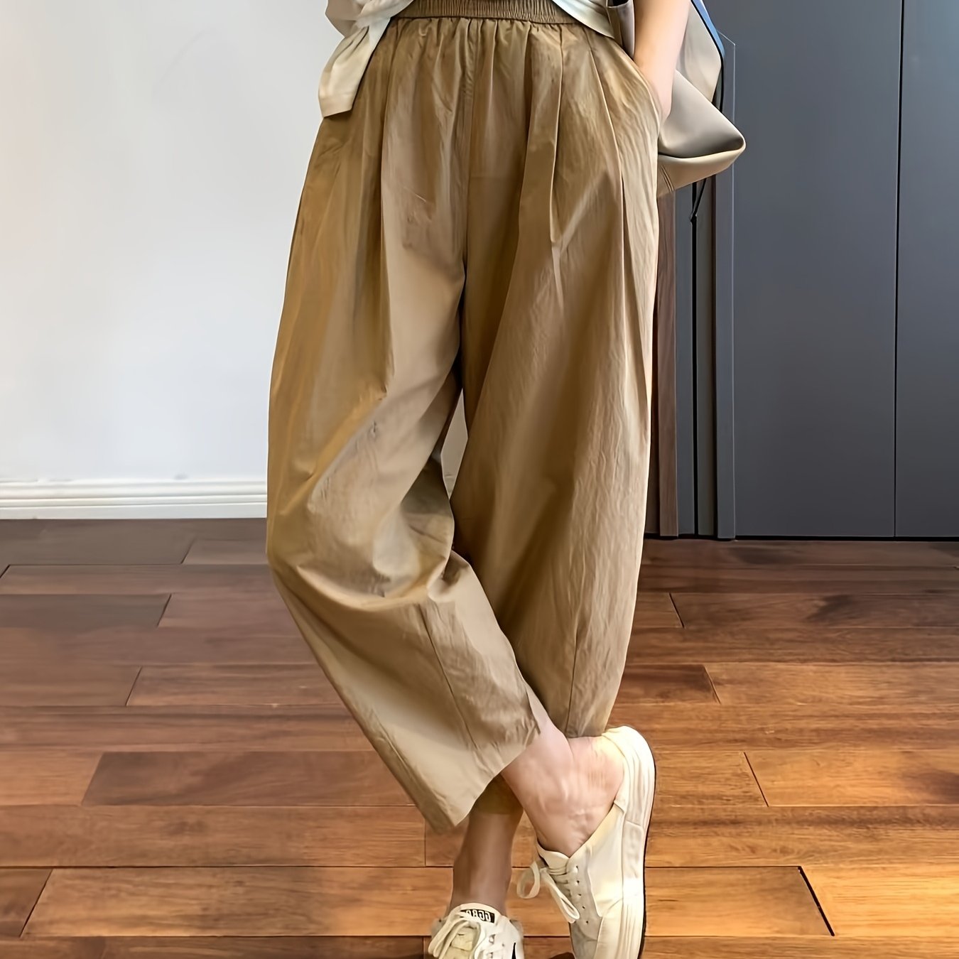 TEMU レディース サマー カジュアルパンツ ストレート 万能 ルーズフィット ドパンツ ハーレムパンツ 無地 カジュアルトラウザー レディースドパンツ