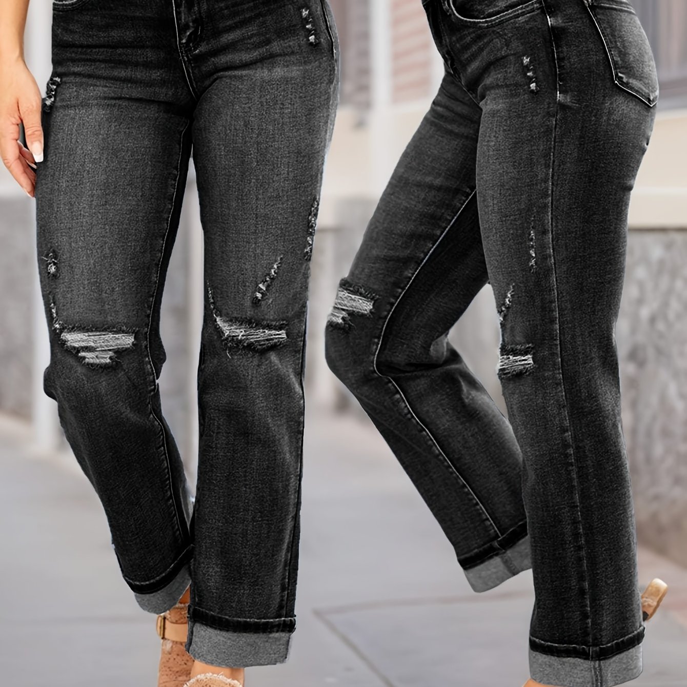 TEMU New Women's Ripped Slim-fit Black Stretch Trend Jeans