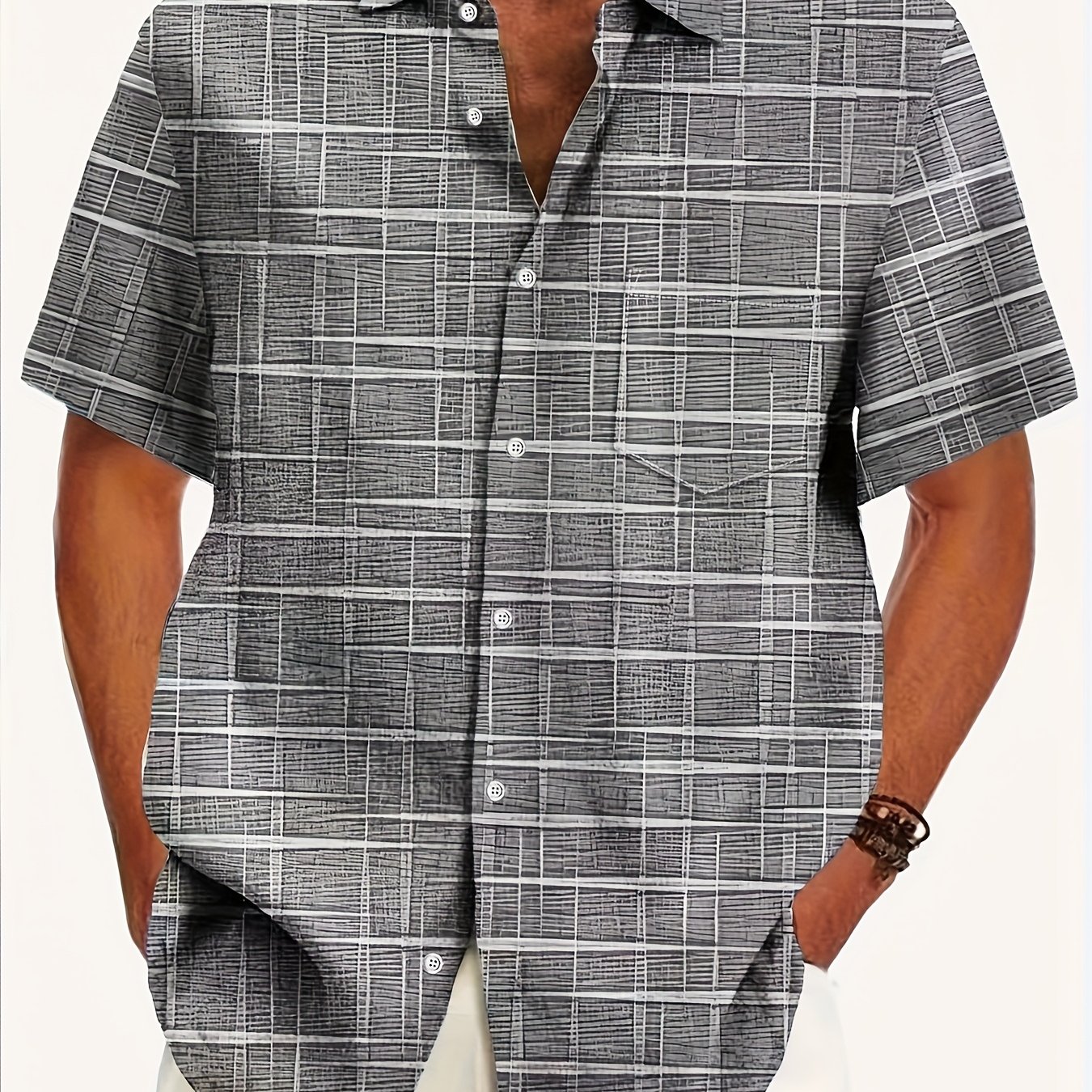 TEMU Men's Short-sleeve Printed Shirt, Casual Plus-size Slim-fit Shirt, Plus Size
