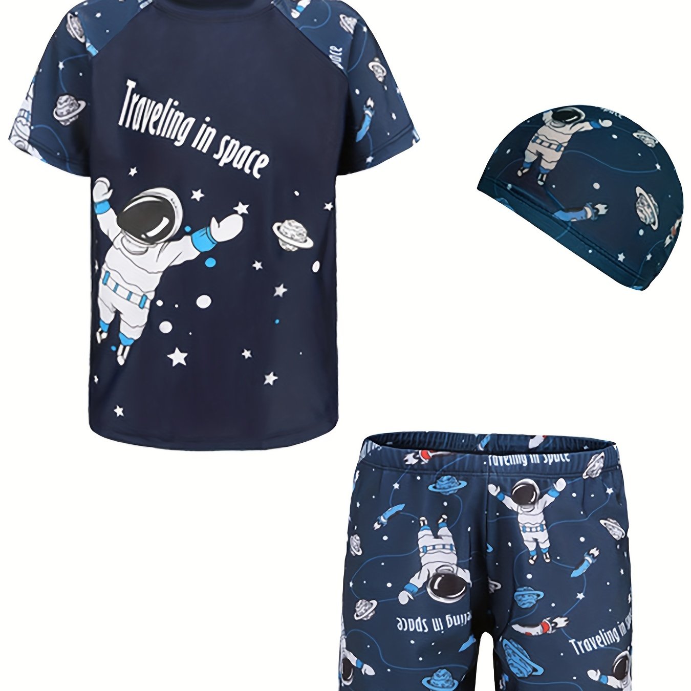 Image of Boys' Swimwear T-shirt Set, Summer Fashion Easy Style Swimwear, Cute Cartoon Space Pattern, Quick-dry Breathable Soft Comfortable Swimwear And Swim Trunks And Swim Cap 3pcs Set Swimming Pool
