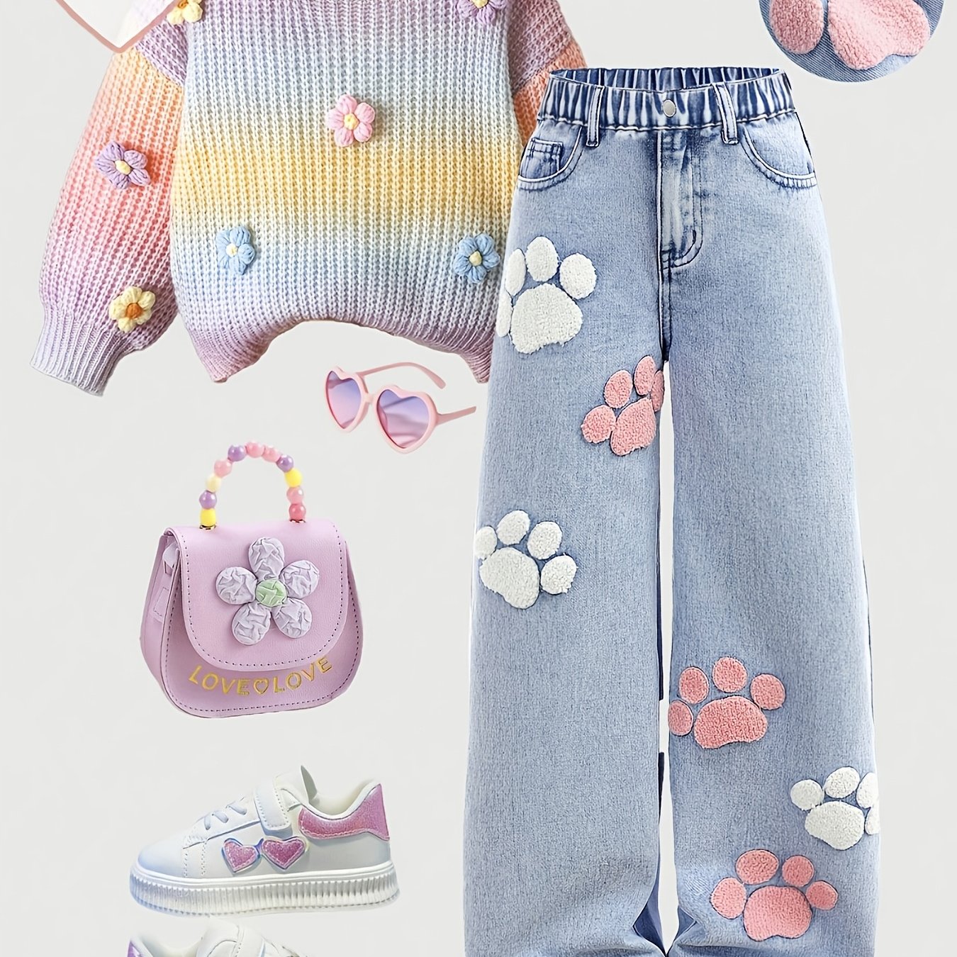 Image of Embroidered Cat Paw Design High-waist Jeans | Light , Casual Non-stretch Fabric, Elastic Waist, Ideal For Teens