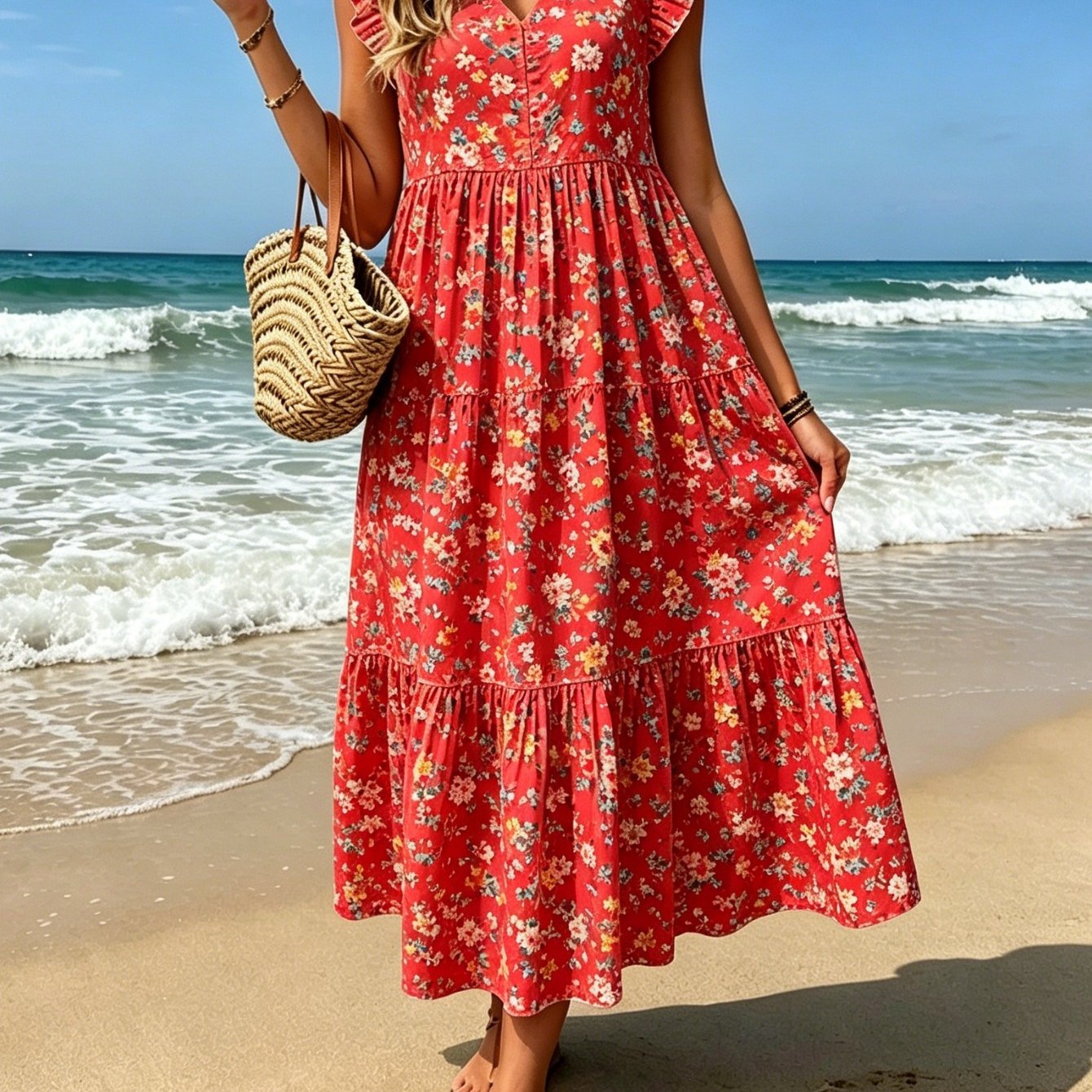 Image of Plus Size Women's Style Seaside Floral Print Long Dress, Elegant V-neck Ruffle Edge Sleeveless Beach Long Dress, Casual Dress Long Dress, For Her