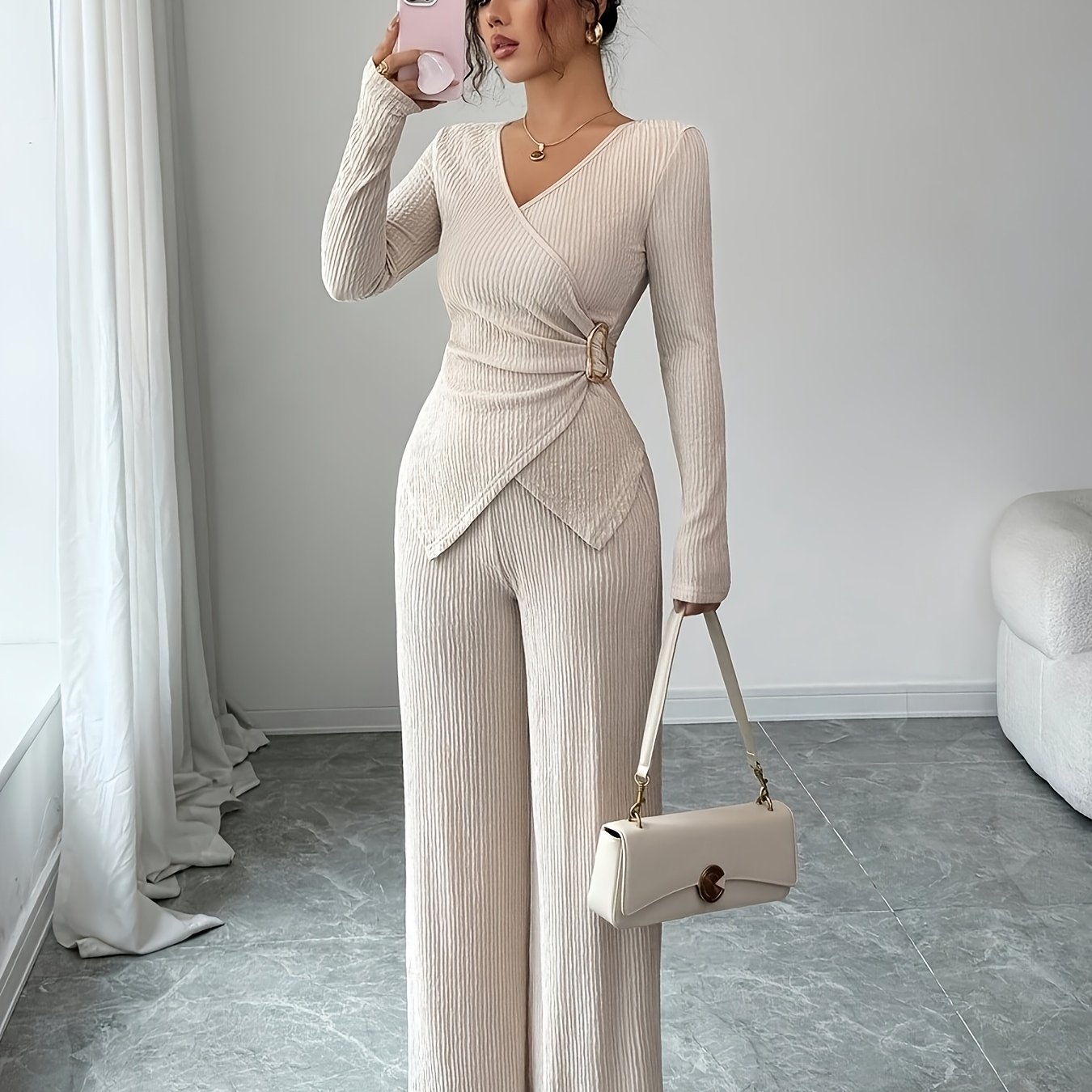 TEMU Women's Casual Versatile 2pcs Set: Solid Color Elegant Commuter Cross V-neck Long Sleeve T-shirt With Metal Decoration   Wide-leg Pants With