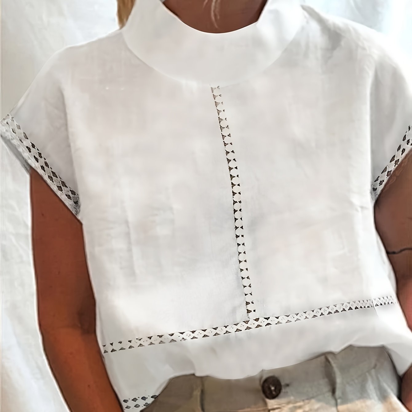 Loose High Neck Back Button Drop Shoulder Lace Pullover Top