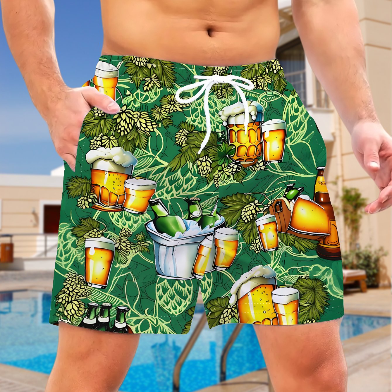 TEMU 's Casual Shorts, Full Print Of Beers And , Festive Gathering All-match, Fabric Machine Washable, Beach Shorts