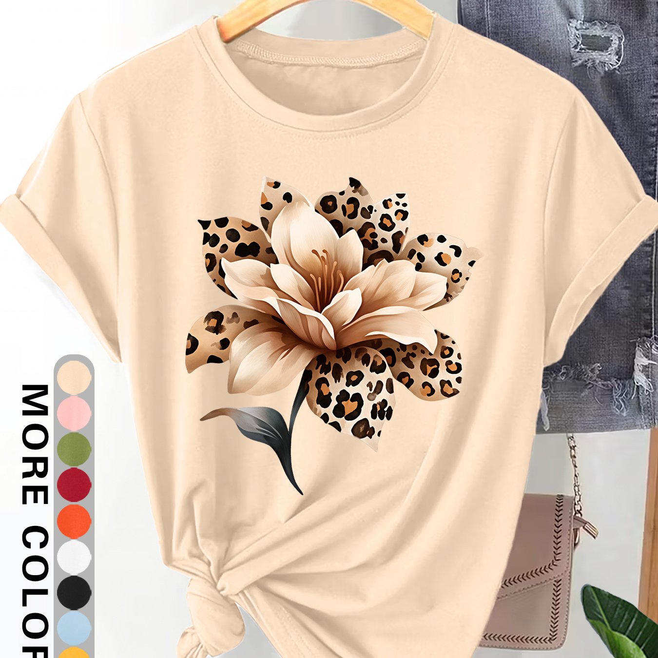 TEMU Leopard Lily Print Pattern Women's Elegant Style Plus Size Loose Short Sleeve Round Neck Comfortable Soft Breathable Summer Outfit Short Sleeve