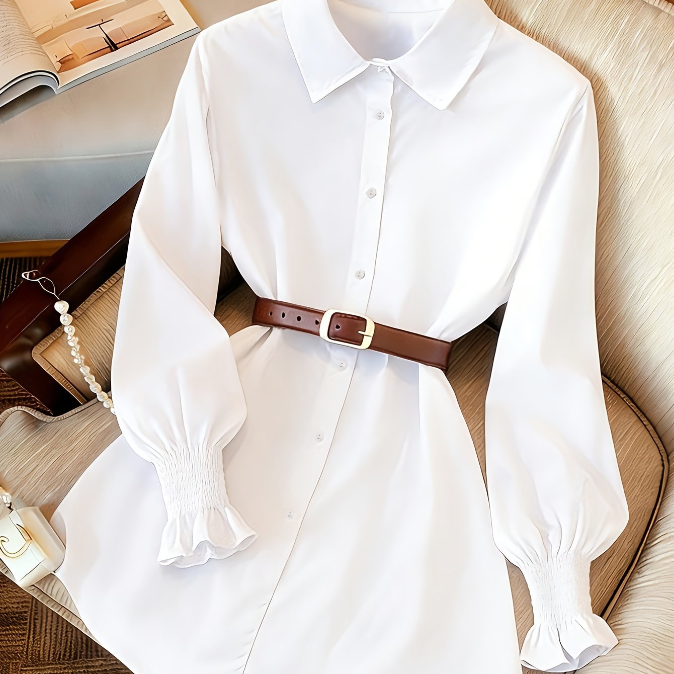 TEMU Chemise longue décontractée et à manches lanternes pour femme