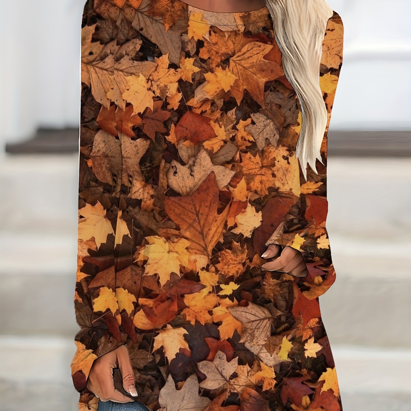 TEMU Plus Size Autumn And Winter New Arrivals - Women's Round Neck Raglan Sleeve T-shirt, Featuring A Falling Leaves Print, Showcasing And , And