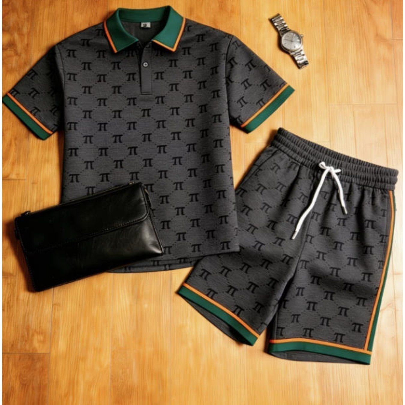Shirt Men's Fashion Casual Trendy Pi Symbol Pattern Short Sleeve Top Shorts Set Men's Wear For Adults Men Street Style Casual Wear