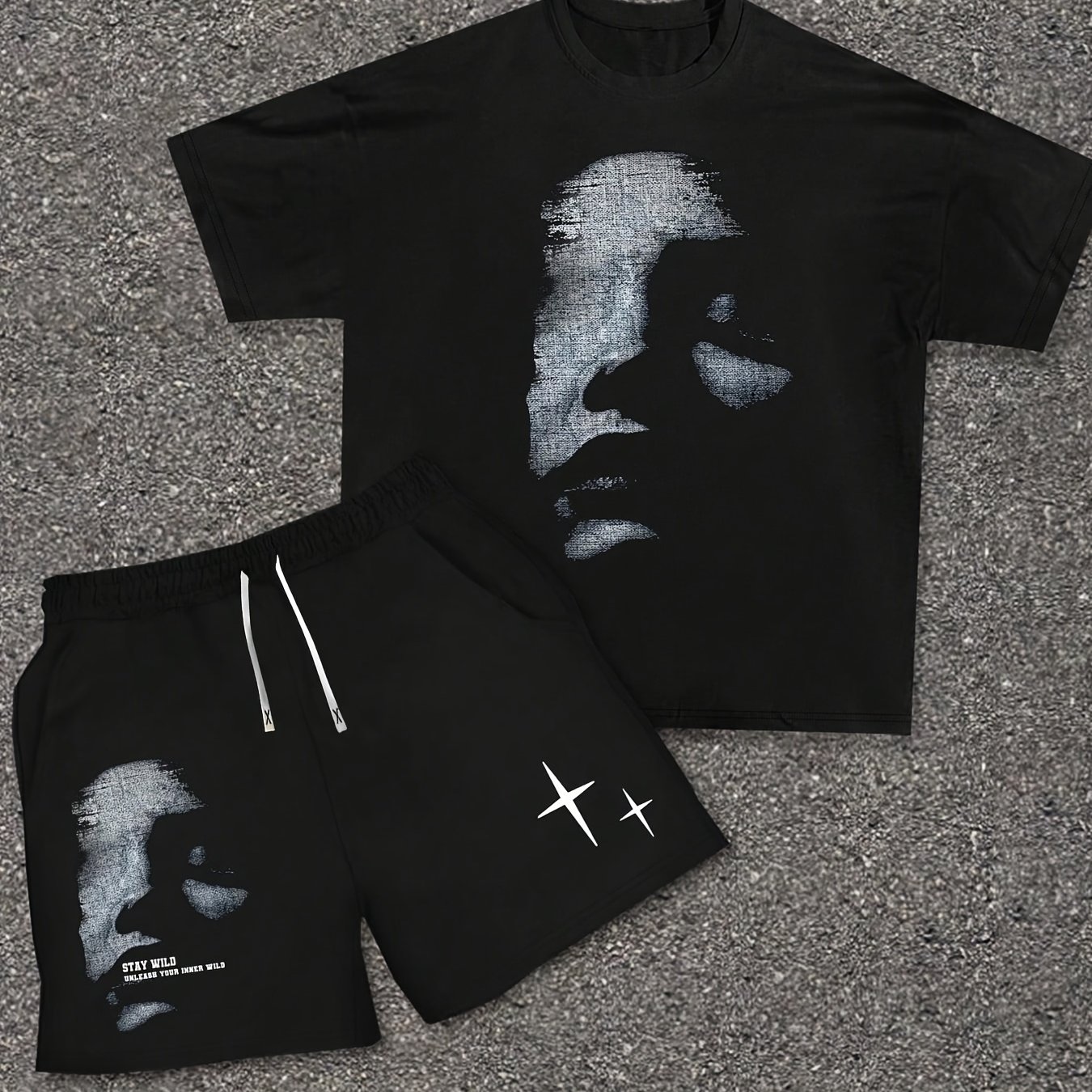 TEMU Men's Round Neck T-shirt With Girl Face Print + Drawstring Waist Shorts Set
