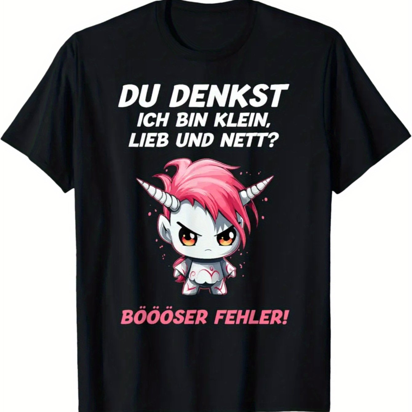 Funny German Saying T-shirt - You I'm Small, Cute & Funny! - Black With Pink Horns Graphic Tee - Casual Everyday Shirt For Adults - Fit - Funny German Text Top For Parties &