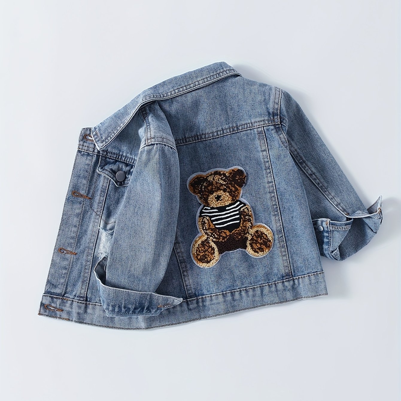Image of Baby Boy Casual Trendy Cute Little Bear Pattern Light Blue Washed Distressed All-match Denim Jacket, Suitable For Spring Autumn Wear