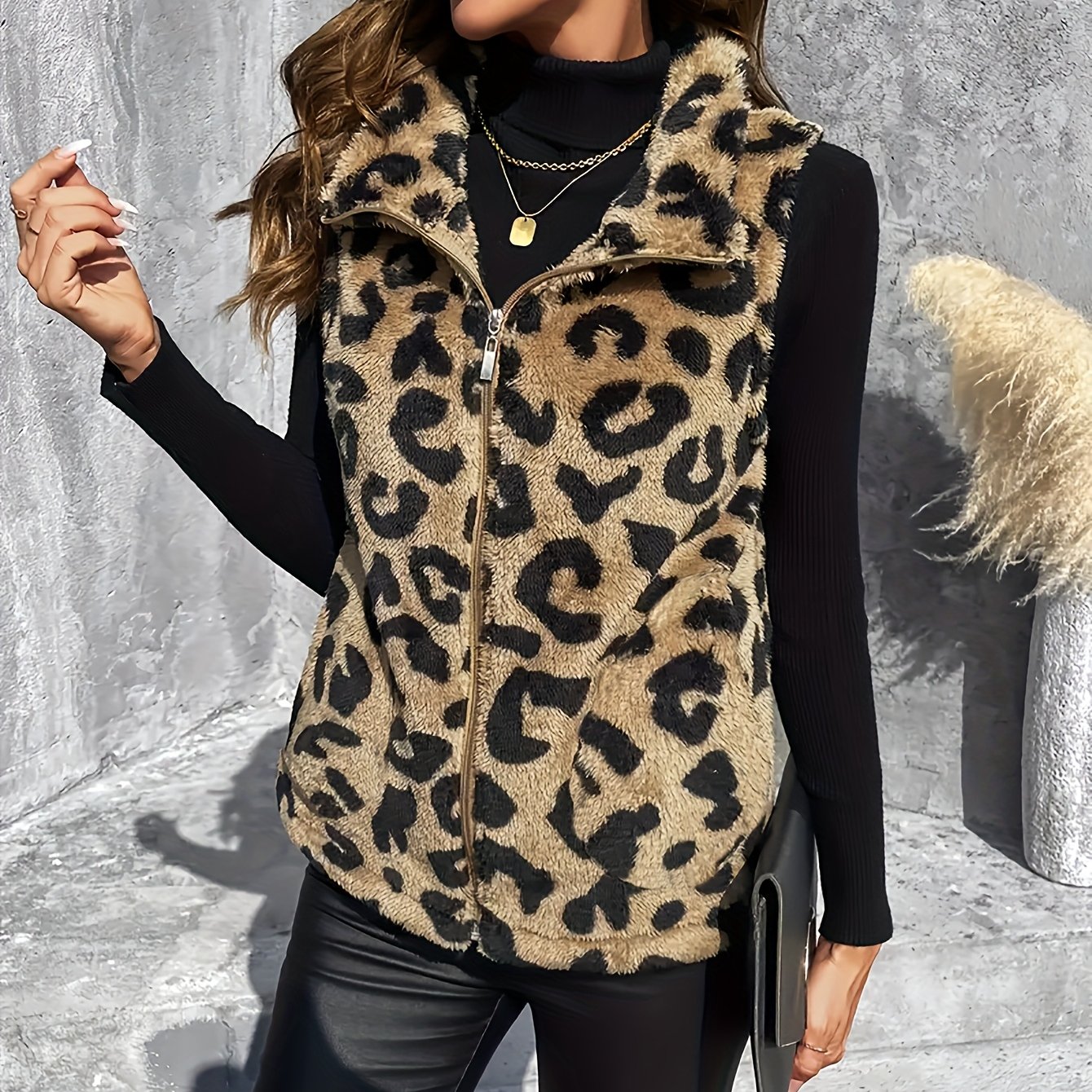 Autumn/winter Leopard Print Teddy High Neck Warm Sleeveless Vest For Women