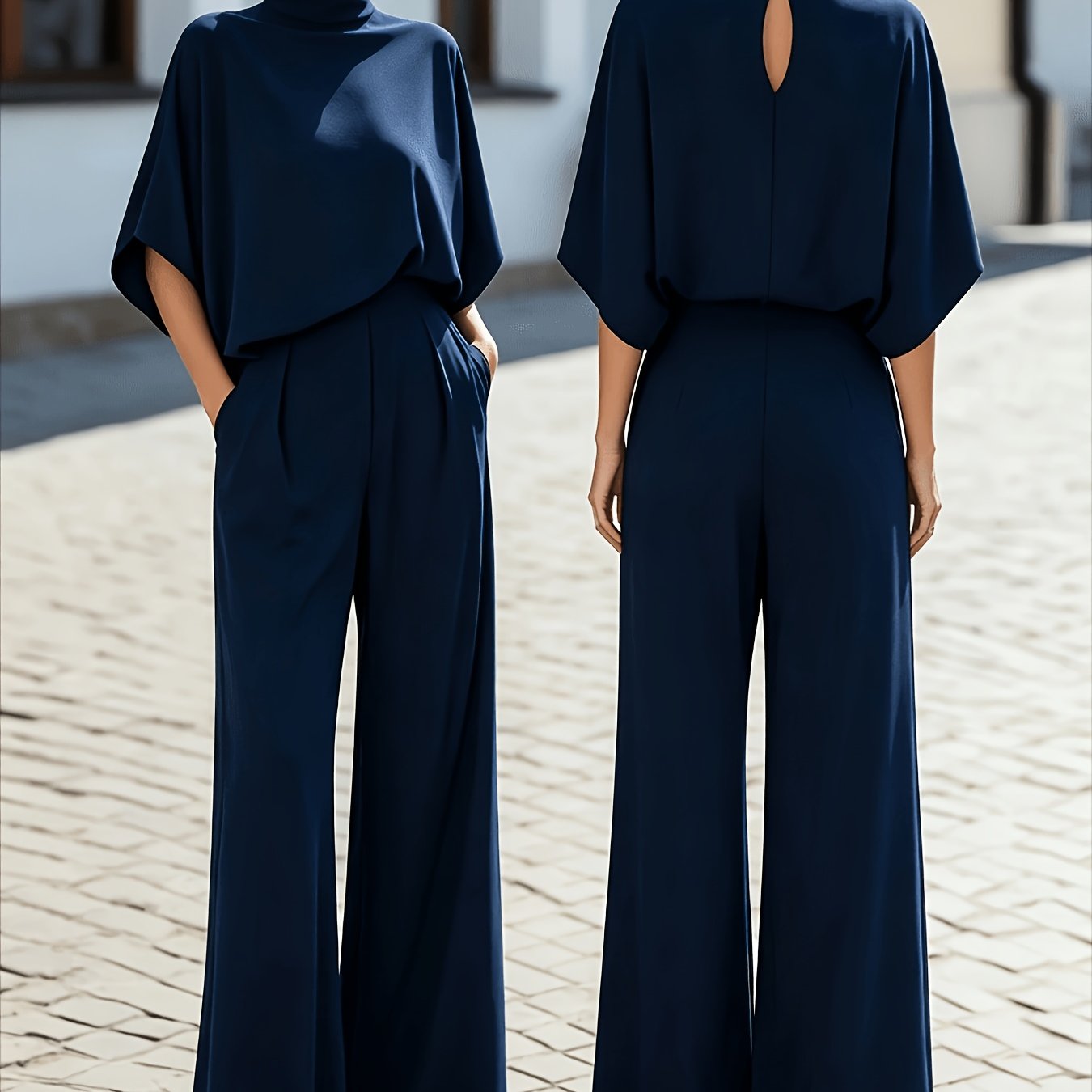 TEMU Women' Color Two-piece Set, Spring Summer Autumn High Neck Batwing Top And High-waist Wide-leg Pants, Office Professional And Casual Wear Set -