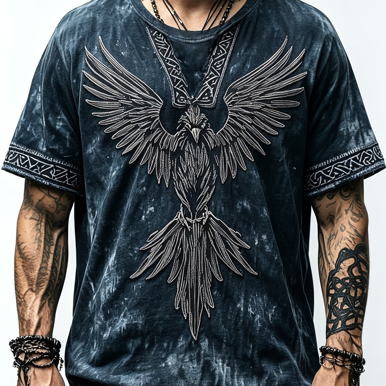 TEMU Plus Size Navy Blue Nordic Mythology Print T-shirt - Full-length Vintage Totem Color Block Short Sleeve - Lightweight Breathable Fabric - Summer