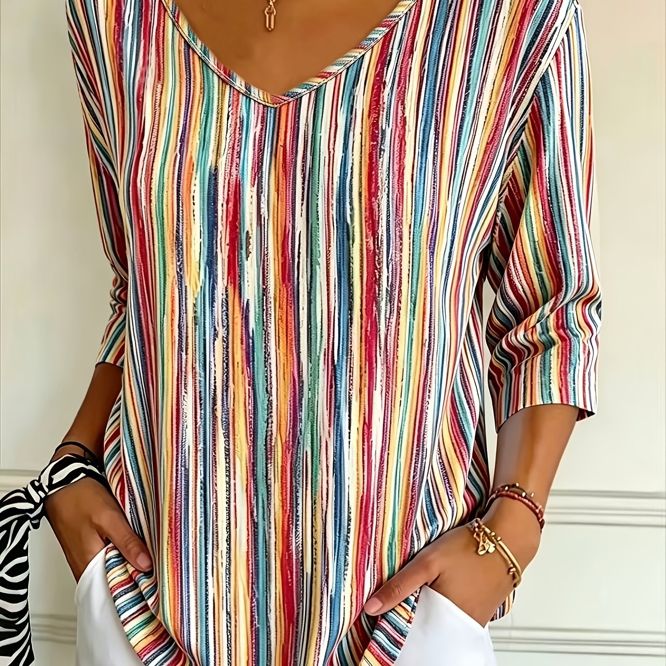 TEMU Elegant And Stylish Women's V-neck Three-quarter Sleeve Colorful Striped Top Shirt, Casual Loose-fitting Pullover Blouse