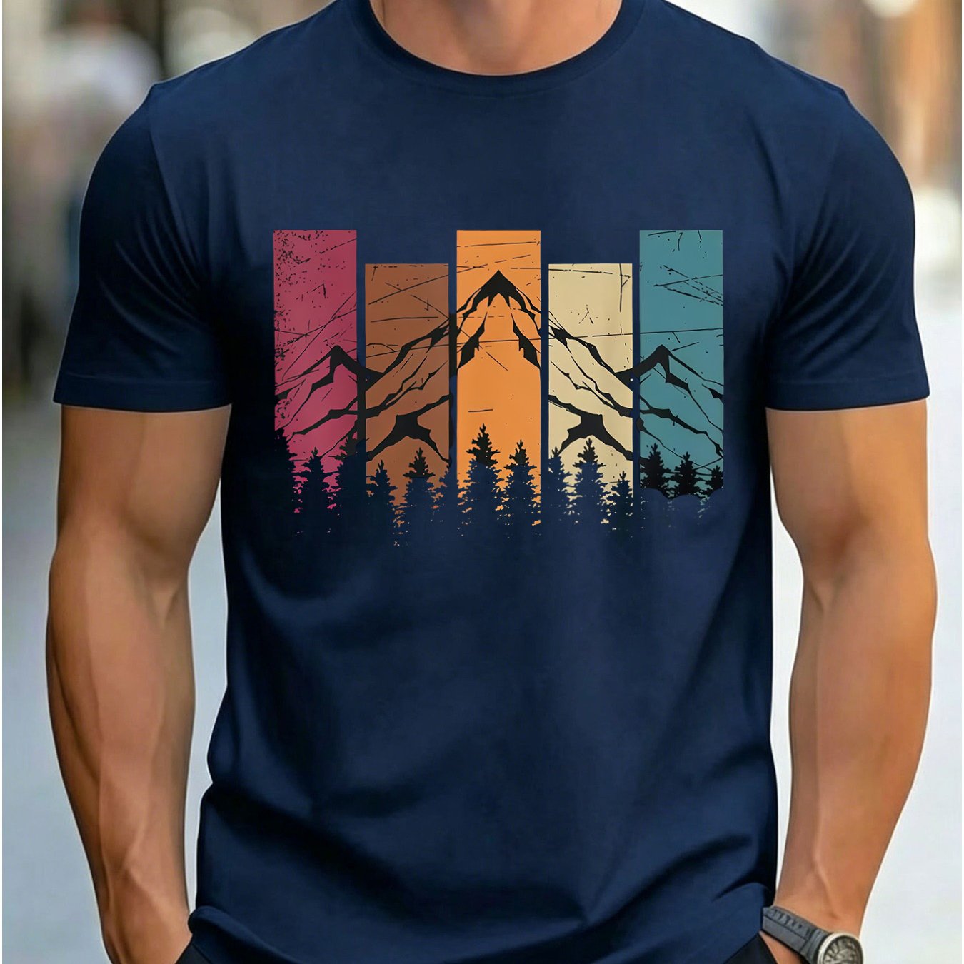 Image of Gym Workout New Summer Men's Vintage Color- Forest Print Short-sleeve T-shirt, Casual Crew Neck Versatile Top