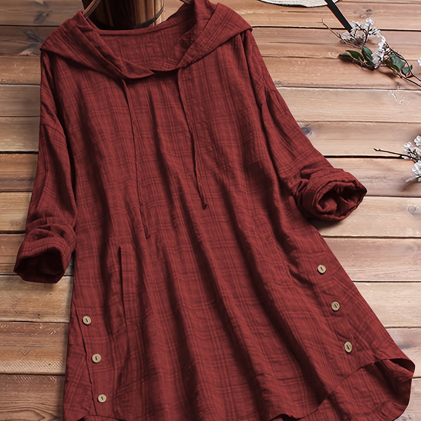 TEMU Chemise à capuche à manches longues décontractée, Haut asymétrique, Chemisier à carreaux élégant, Vêtement d'extérieur d'automne à ceinture pour