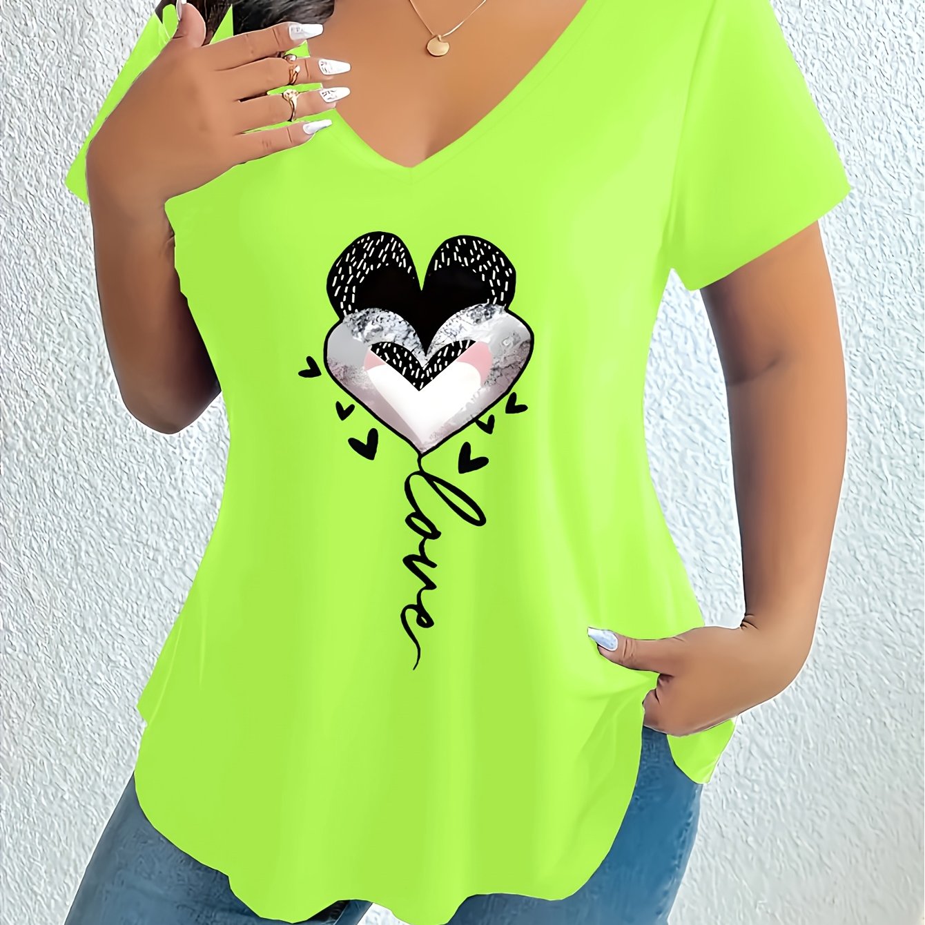 TEMU Plus Size, New Plus Size Printed Short Sleeve T-shirt Women's Casual V-neck Loose Comfortable Versatile Top