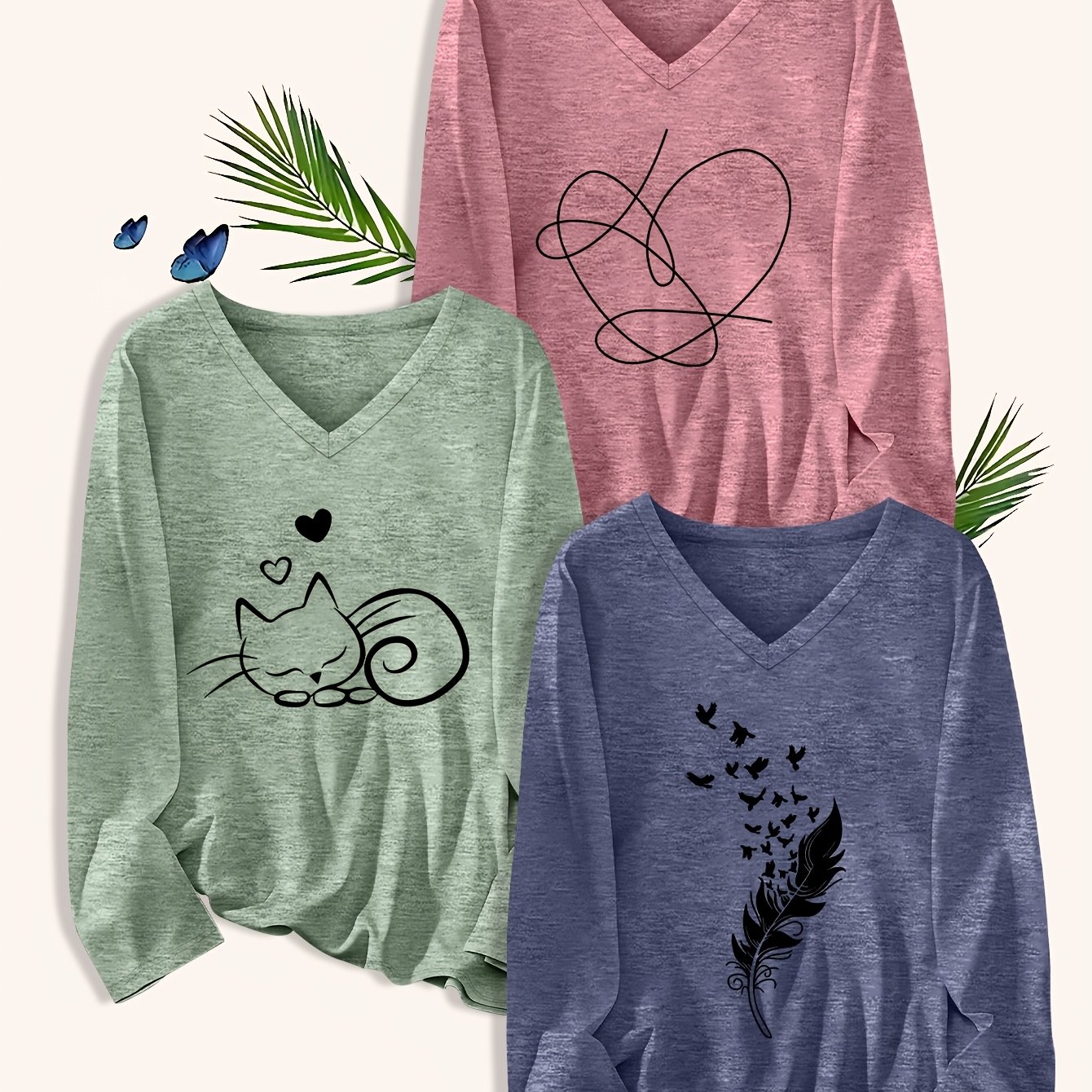 TEMU Plus Size, Versatile T-shirt 3pcs Set: Spring New Arrival Plus Size Women's Fashion Letter Long Sleeve V-neck T-shirt 3pcs Set. Women's T-shirt,
