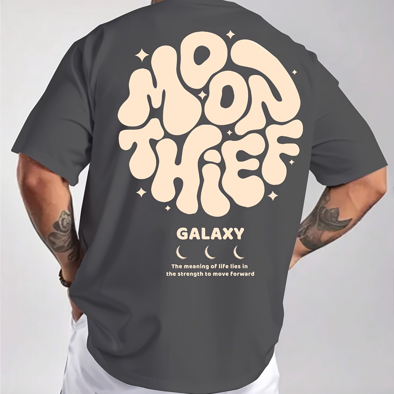 Men's Retro 70s/ Music T-shirt - Back To The 80s Moon & Graphic Print, Casual Short Sleeve Round Neck Tee With White Lettering, Machine Washable Summer Shirt For 80s Theme Parties & Casual Attire