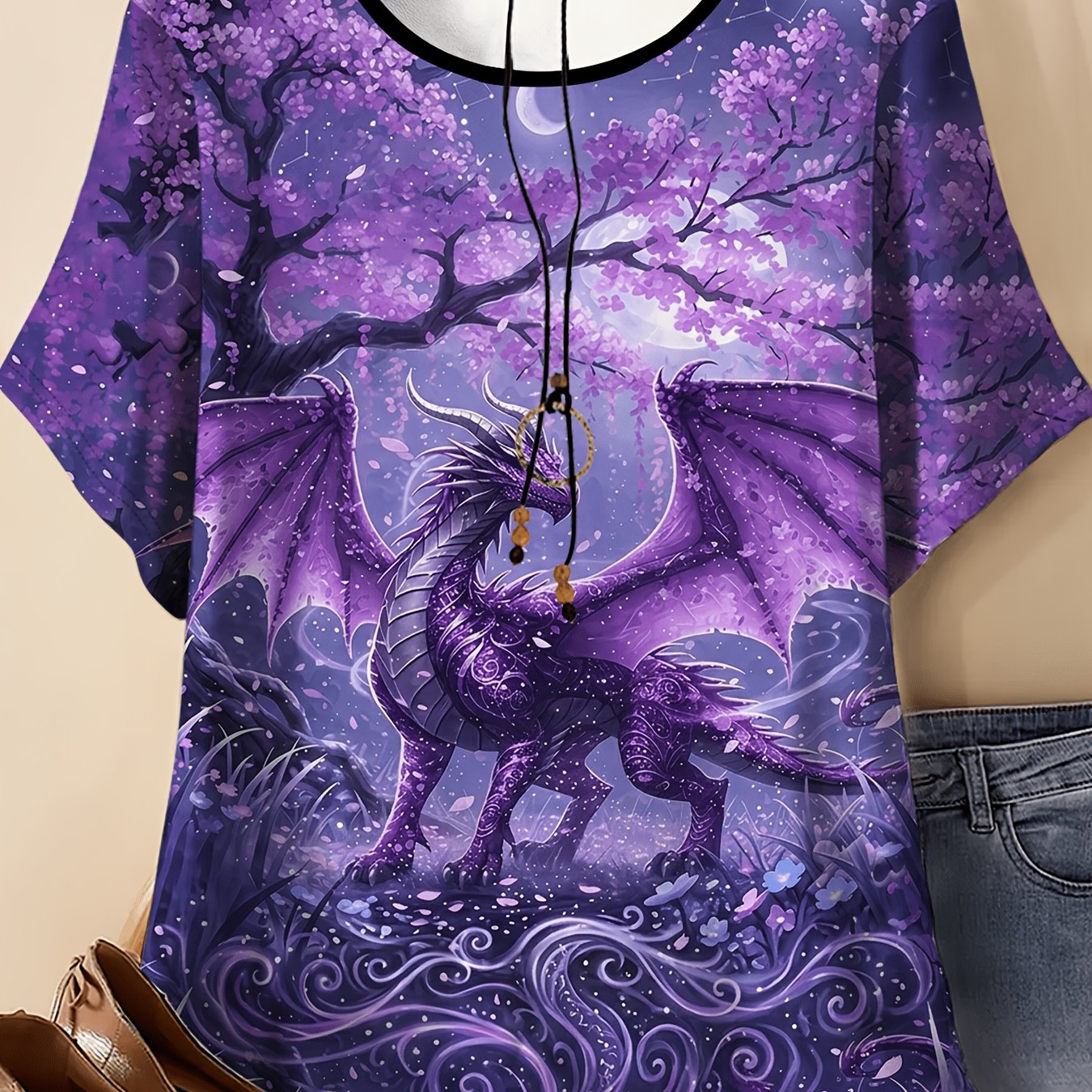 TEMU Plus Size Women's T-shirt With Pattern Print, Round Neck Short Sleeve Summer Top, Elegant Purple Dragon Print, Loose Casual Fit For Casual